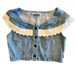 Vintage 80’s 90’s Denim Button up Cropped Top with Leather Scalloped Trim Medium